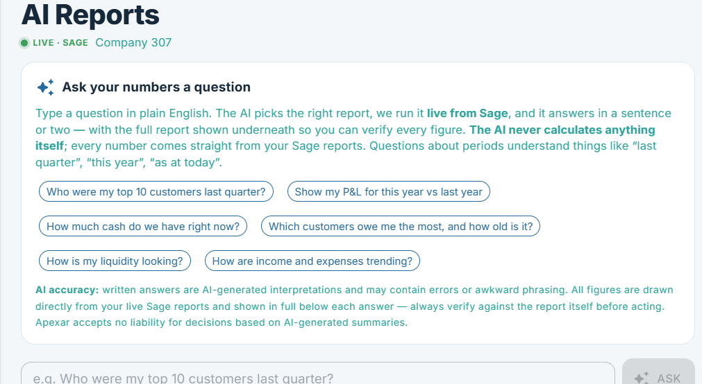 Apexar AI Reports — ask your numbers a question in plain English, answered live from Sage