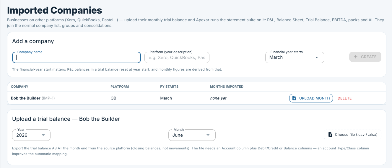 Apexar trial-balance import and account mapping for a non-Sage client